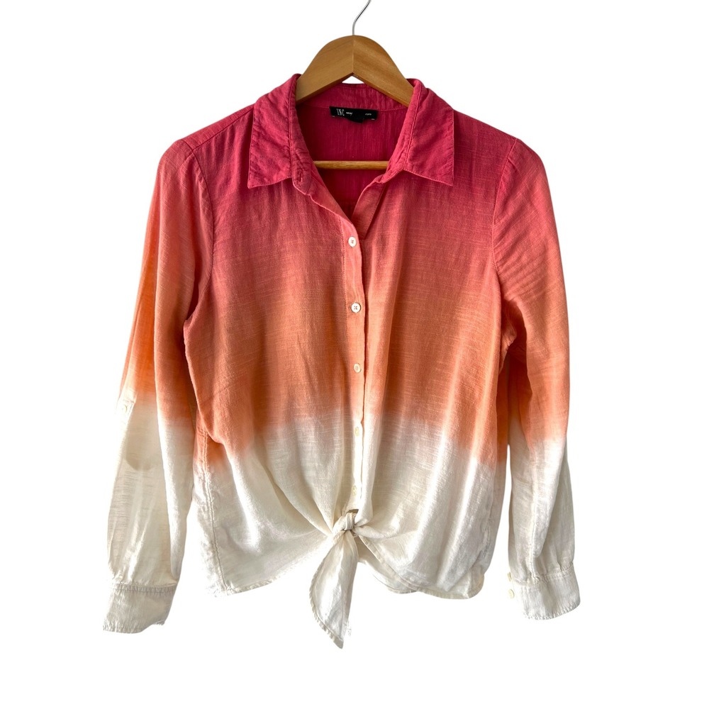 INC International Concepts Ombre Tie Front Shirt Womens M Pink Orange Cotton